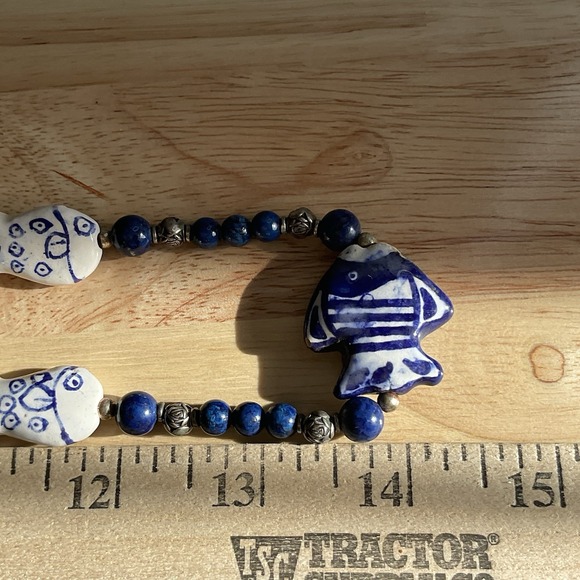 Vintage Blue White Ceramic Fish Bead Necklace 28" Hand Painted Porcelain Ocean - Picture 7 of 8